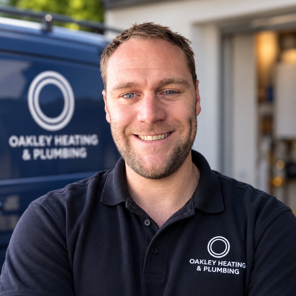 Luke Oakley, owner of Oakley Heating & Plumbing, smiling beside his van